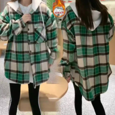 批发官图复合超柔加绒后包领抖音质量连帽格子<b class='q'>衬衫</b>女中长款外套特价