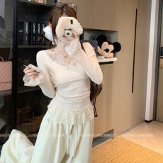 批发实拍 韩系<b class='q'>蕾丝</b>拼接蝴蝶结打底+百搭加厚奶杳阔腿裤+黄色毛衣外套