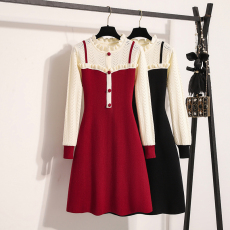 批发实拍大码女装2025冬新款韩版针织连衣裙甜美荷叶领撞色显瘦毛衣裙