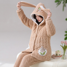 批发【舒雅】冬季连帽孕妇暖芙绒夹棉活腰全孕期月子服三层加厚睡衣