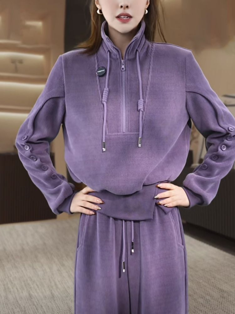 RY1300# 时尚设计感加绒紫色半拉链套头卫衣加休闲阔腿裤长裤两件套