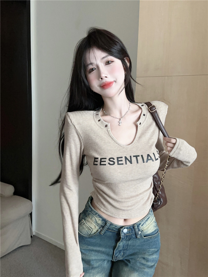 PF25634# 已出货 美式复古v领长袖T恤秋季辣妹收腰短款打底衫内搭上衣