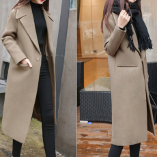 批发外贸亚马逊独立站秋冬新款翻领纯色毛呢外套女通勤中长宽松呢大衣