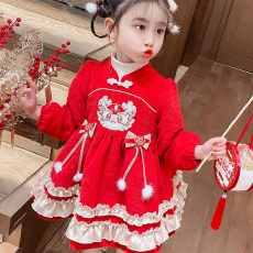 批发女小童冬季蝴蝶结年<b class='q'>服</b>裙幼儿园元旦表演<b class='q'>舞蹈</b>中国风红色新年装汉<b class='q'>服</b>