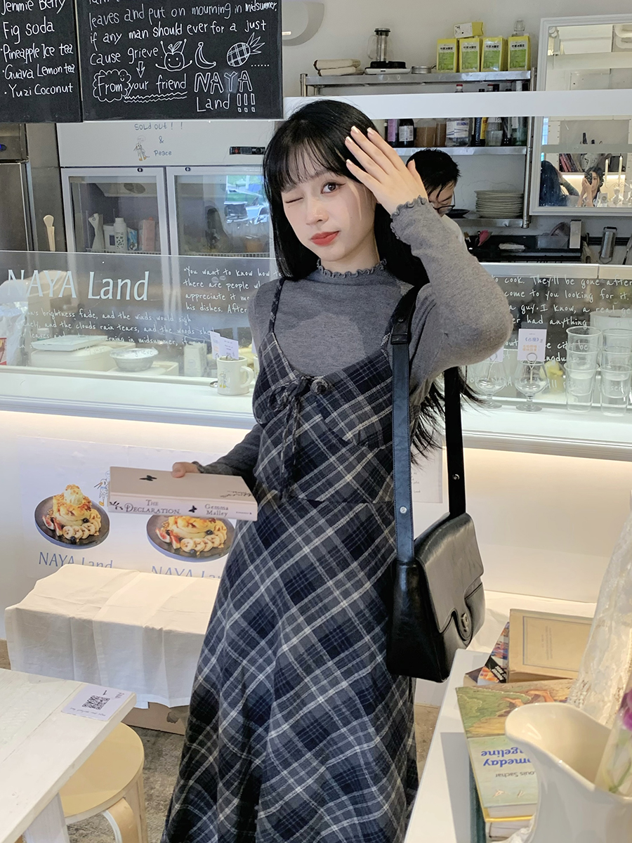 실사 정가 한국 스타일 봄 새로운 드레스 나비 넥타이 Chic 체크무늬 슬립 드레스 니트 기본 셔츠