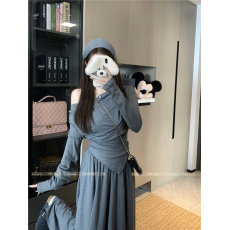 批发不规则设计感长袖<b class='q'>上衣</b>纯色高腰显瘦半身裙长裙休闲套装