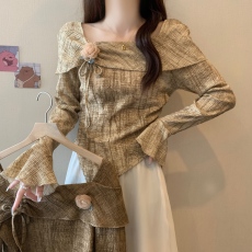 批发2026早初春新款美拉德不规则长袖T恤大码女装胖mm别致一字肩上衣