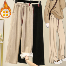 批发实拍冬款加绒加厚大码阔腿裤胖MM开叉弹力女长裤直筒窄版香蕉裤