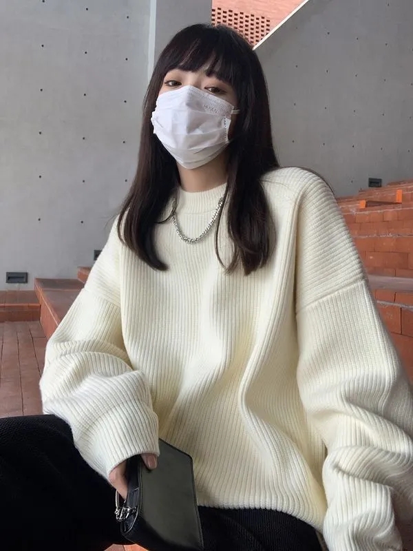 흔들어서 톤 주간 고양이 품질 단색 프로필 모양 라운드 넥 폭발 스웨터 여자 루즈핏 캐주얼 느긋한 바람 두꺼운 니트 재킷