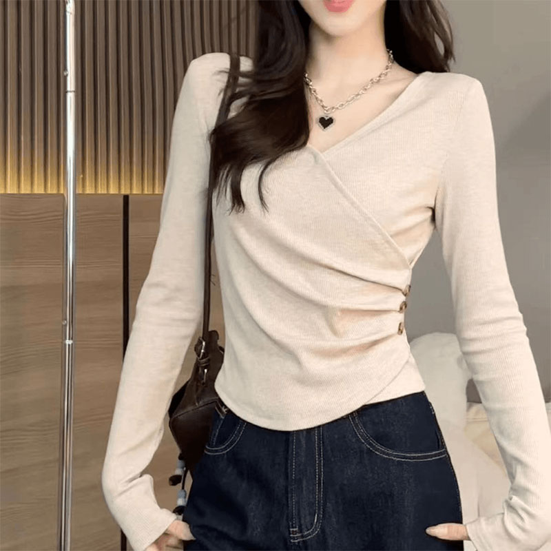 품격 V넥 맨위 여성 가을 핫걸 긴팔 티셔츠 몸매 가꾸기 인사이드 가져 가라. 기본 셔츠 트렌디