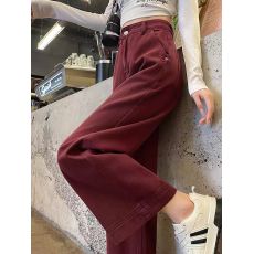 批发安可拉红阔腿牛仔裤<b class='q'>女</b>2025冬季加绒宽松小个子酒红色复古奶奶裤子