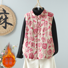 批发实拍#文艺复古夹棉<b class='q'>背心</b>25冬新立领印花盘扣大口袋减龄显瘦马甲