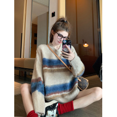批发马海毛条纹毛衣女2026春季新款高级感加厚圆领套头内搭<b class='q'>针织衫</b>上衣