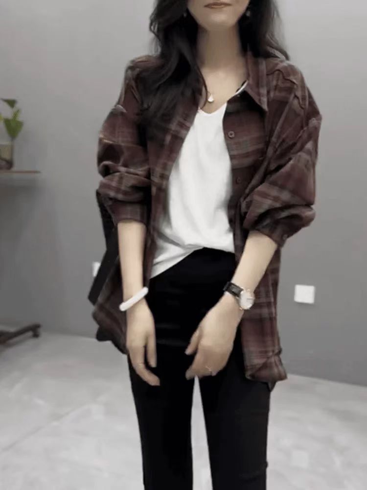 FA56984# 网红爆款时尚衬衫女秋季款欧货减龄洋气磨毛撞色显瘦格子外套