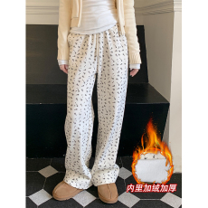 批发实拍新款复合银狐绒卫裤子女小碎花松紧腰直筒舒适加绒加厚长裤