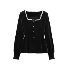 批发大码女装法式金丝绒衬衫女2025年秋季收腰显瘦气质方领高级感上衣