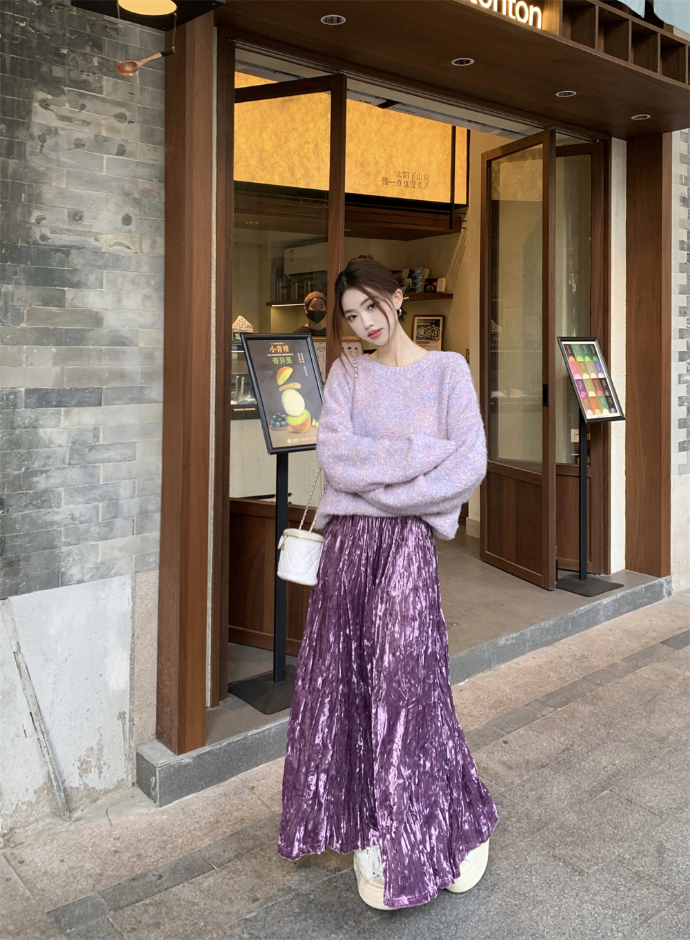 PF27304#冬日彩纱编织定制针织保暖毛衣+紫色丝绒半身裙女裝貨源服裝批發