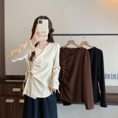 批发实拍2025<b class='q'>秋</b>冬新款胖mm大码绑带收腰打底长袖T恤法式气质褶皱上衣