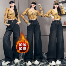 批发实拍 加绒牛仔长裤宽松高腰直筒阔腿裤拖地显瘦<b class='q'>加肥</b>大码<b class='q'>女装</b>230斤