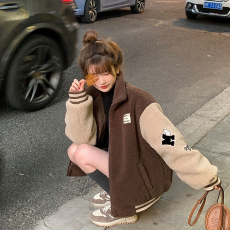 批发已出货 羊羔毛外套女拼接撞色小个子宽松学生加绒加厚棒球服棉衣