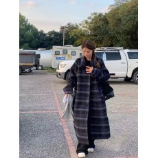 批发文佳瑛明星同款复古蓝黑格纹宽松休闲韩版廊形毛呢外套时髦大衣