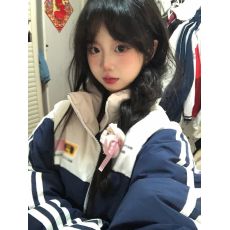 批发学院风甜美条纹拼接棉服外套女冬季新款<b class='q'>气质</b>百搭运动感保暖面包服