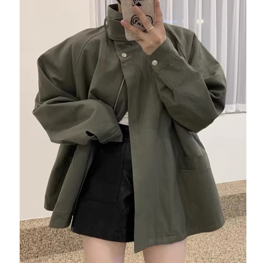 한국 chic 가을 작은 대중 레트로 스탠드 칼라 망토 디자인 빅 포켓 루즈핏 다용도 긴팔 바람막이 여성 코트
