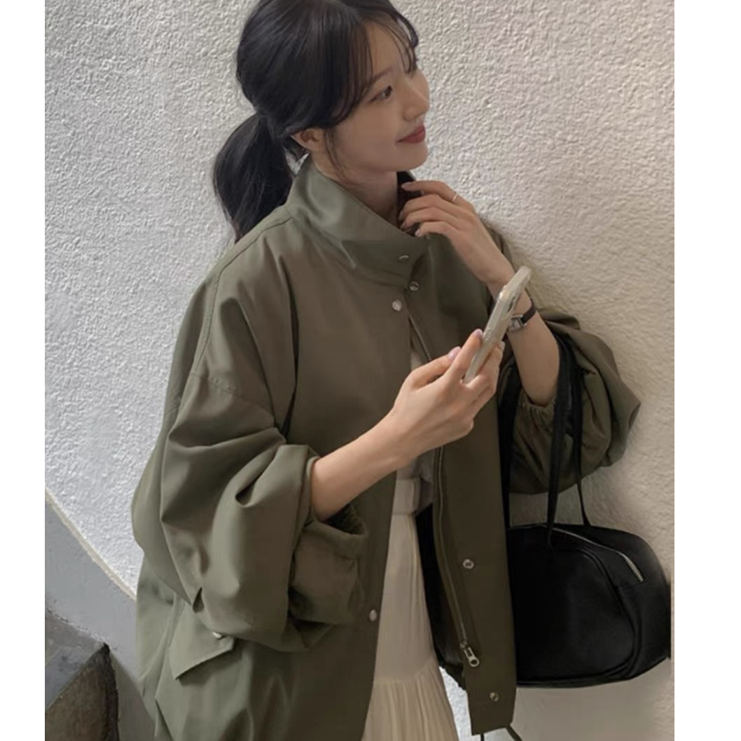 한국 chic 가을 겨울 레트로 외국 가스 스탠드 칼라 싱글 줄 버튼 루즈핏 다용도 벌룬 소매 쇼트 스타일 재킷 여성 코트