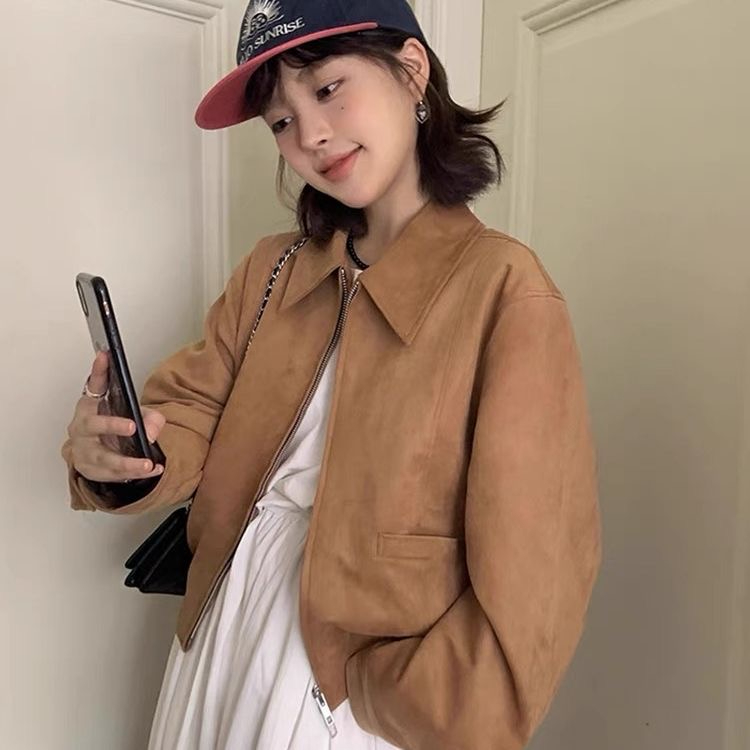 한국 chic 가을 아메리칸 레트로 폴로 칼라 더블 지퍼 주머니 루즈핏 다용도 모방 사슴 캐시미어 재킷 여성 코트