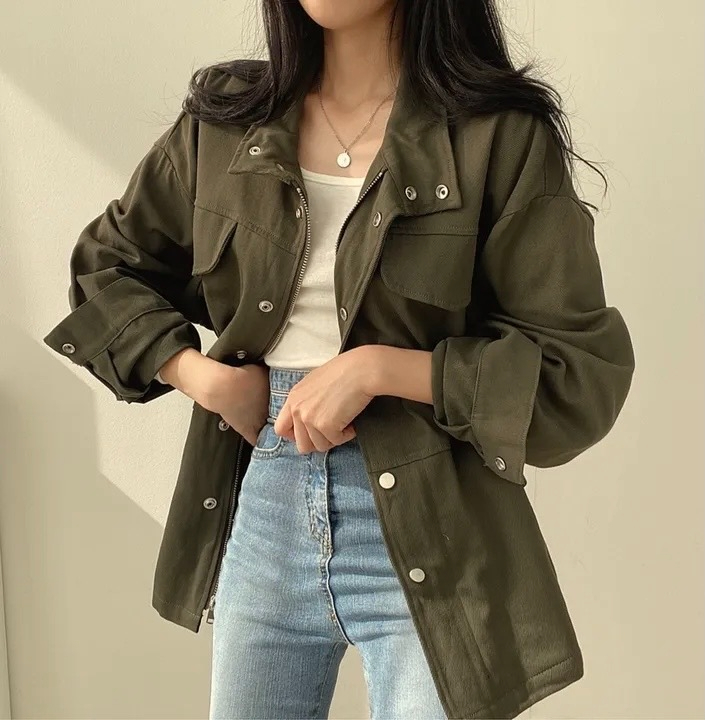 한국 chic 가을 레트로 품격 가짜 주머니 디자인 펌프 로프 허리 수축 슬림해 보이는 워크웨어 재킷 바람막이 여성 코트