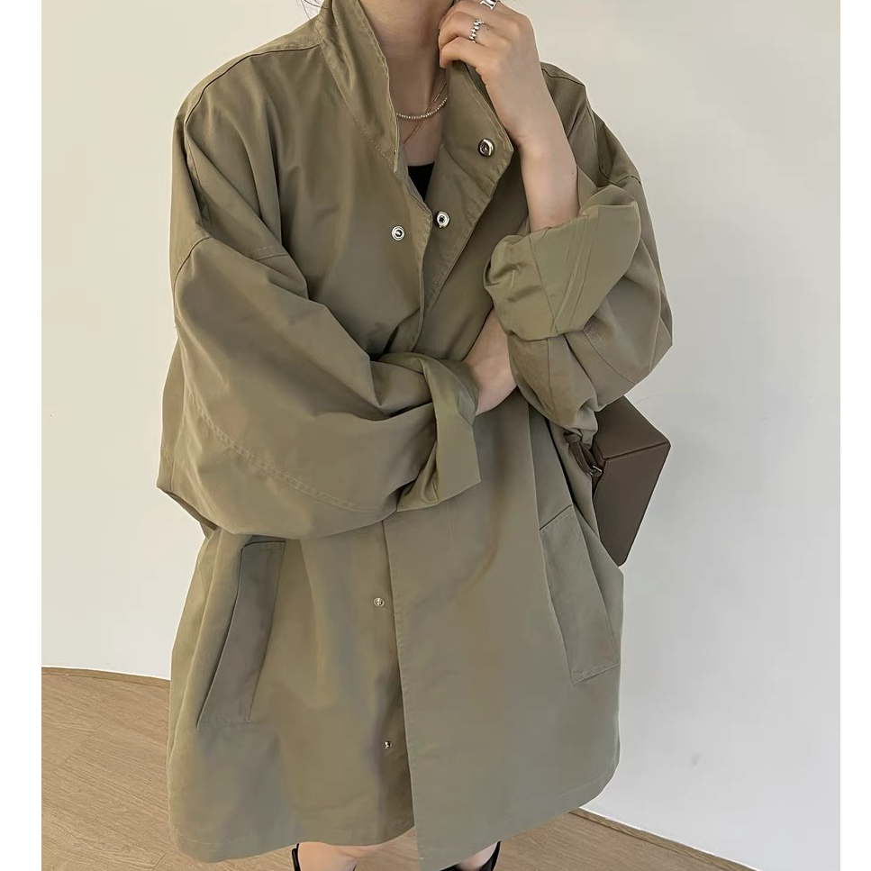 한국 chic 가을 겨울 레트로 얇은 스타일 느긋한 바람 스탠드 칼라 루즈핏 캐주얼 긴팔 중간 길이 바람막이 여성 코트