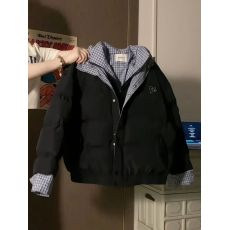 批发韩版学院风蓝色格纹拼接外套棉服冬季甜美藏青色宽松保暖防寒棉衣