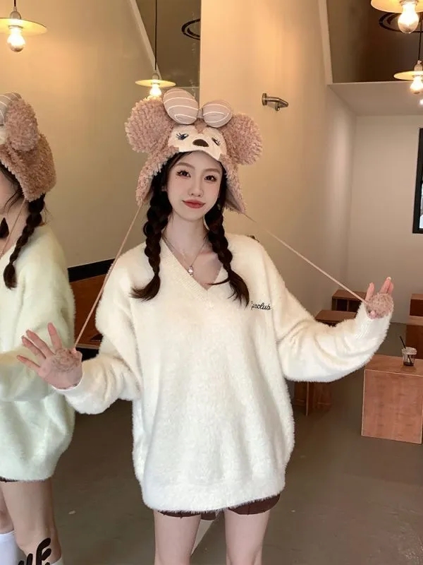 흔들어서 톤 주간 고양이 품질 가을 겨울철 아메리칸 느긋한 루즈핏 V넥 스웨터 남녀 모방 수달 털 니트 스웨터 여성
