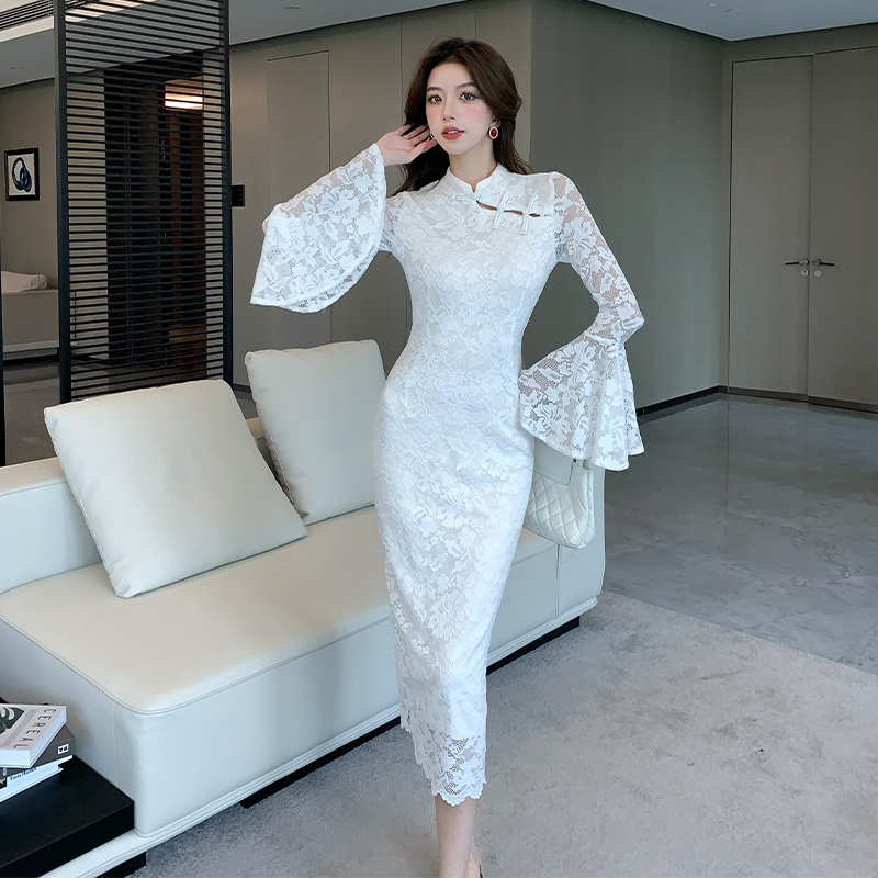 PF26083# 实拍名媛女人味性感法式轻奢国风复古气质盘口包臂蕾丝礼服裙