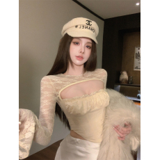 批发实拍~不减~蕾丝纯欲长袖打底衫 镂空鱼骨温柔T恤性感辣妹修身上衣