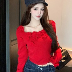 批发春季新款长袖毛衣立体花朵修身纯色百搭流行火爆女装上衣