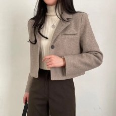 批发chic 韩国<b class='q'>冬</b>季复古简约高级西装领单排扣加厚短款毛呢子西装外套