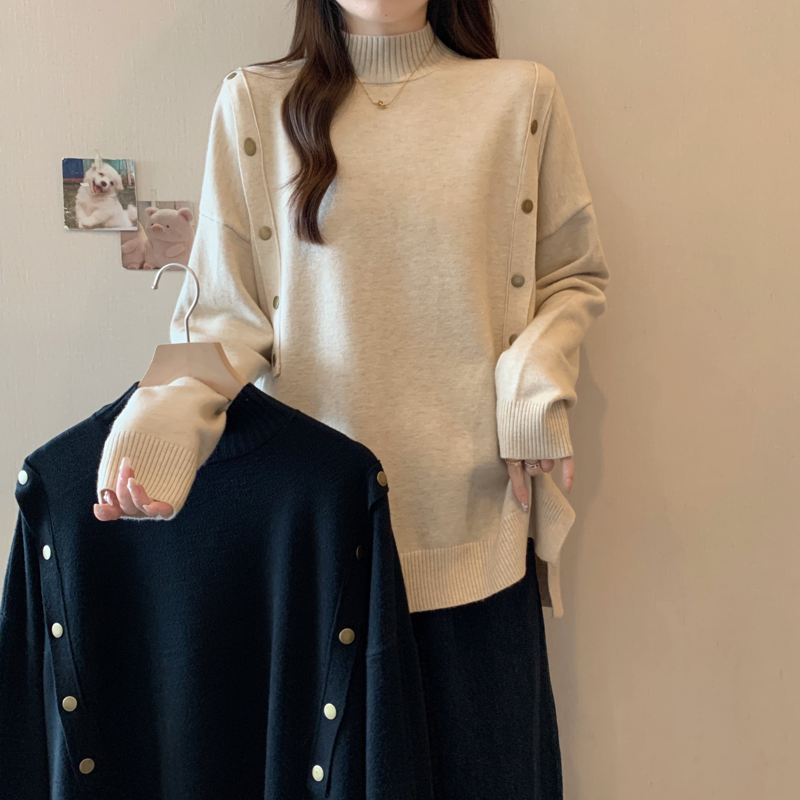 실사 빅 사이즈 여성 의류 느긋한 바람 터틀넥 루즈핏 슬림해 보이는 니트 스웨터 징 디자인 센스 외국 가스 인사이드 잡아라. 의류