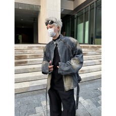 批发男士高街美式夹克短款盔甲<b class='q'>风</b>设计感水洗立领收腰腰带垫肩牛仔外套