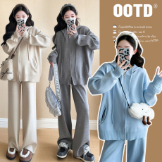 批发2026孕妇春季软糯亲肤连帽毛衣休闲款双拉链<b class='q'>时尚</b>孕妈毛衣宽松套装