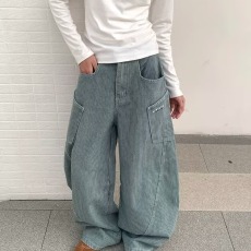 批发春秋<b class='q'>韩</b>版时髦复古潮流条纹牛仔裤男士宽松直筒中高腰长裤