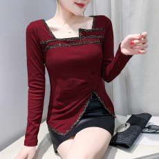 批发实拍2026<b class='q'>春</b>季新款设计感方领不规则下摆开叉修身显瘦T上衣女长袖