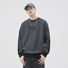 批发实拍冬季加绒加厚圆领卫衣男潮牌绣花拼接撞色宽松套头保暖上衣