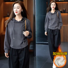 批发加绒加厚休闲运动套装女士2025秋冬新款连帽卫衣哈伦裤减龄两件套