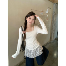 批发实价实拍椰奶泡芙 芭蕾风假两件蕾丝挂脖针织衫<b class='q'>女</b>秋冬内搭打底衫