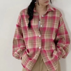批发韩版春秋磨毛<b class='q'>格子</b>衬衫时尚原宿风休闲宽松大码长袖衬衣外套女