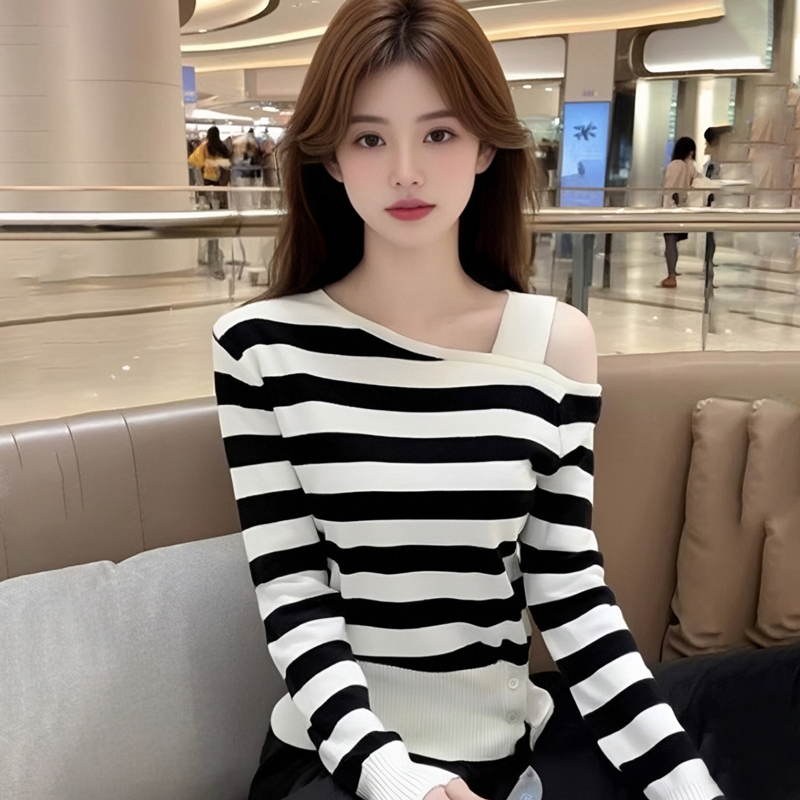 MY15752# 简约韩式露肩长袖新款百搭斜肩设计性感上衣女裝貨源服裝批發