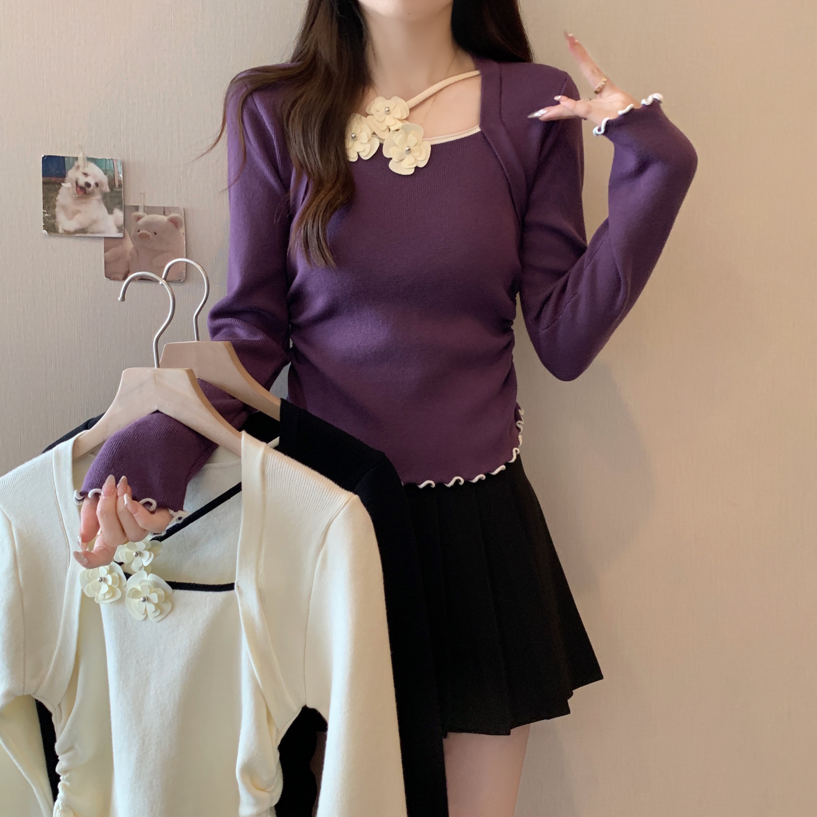 PF25805# 实拍现货复古法式立体花朵卷边假两件长袖显瘦洋气别致针织衫女