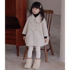 批发韩版童装新品女童呢子大衣秋冬季中小童洋气娃娃领中长款毛呢外套