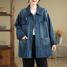 批发实拍 大码女装200斤秋冬胖妹妹中长款宽松牛仔外套百搭个性上衣